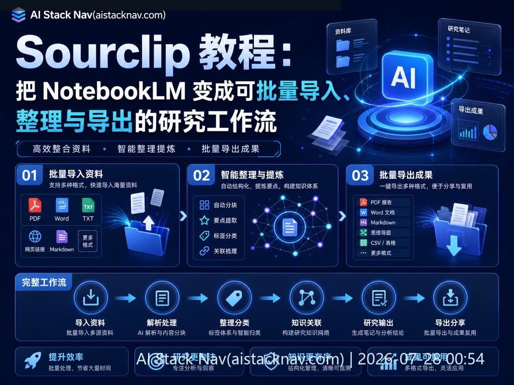 Sourclip 教程封面，深蓝色科技感背景，突出主标题和 AI 图标