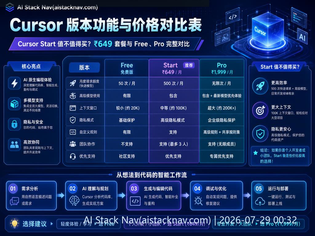 Cursor Start 与 Free 和 Pro 版本对比表