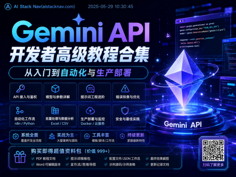 Gemini + n8n 自动化工作流教程合集封面，包含文章生成、WordPress 草稿、AI 新闻、Google Sheets、Gmail、Telegram、企业微信和 SEO 自动化