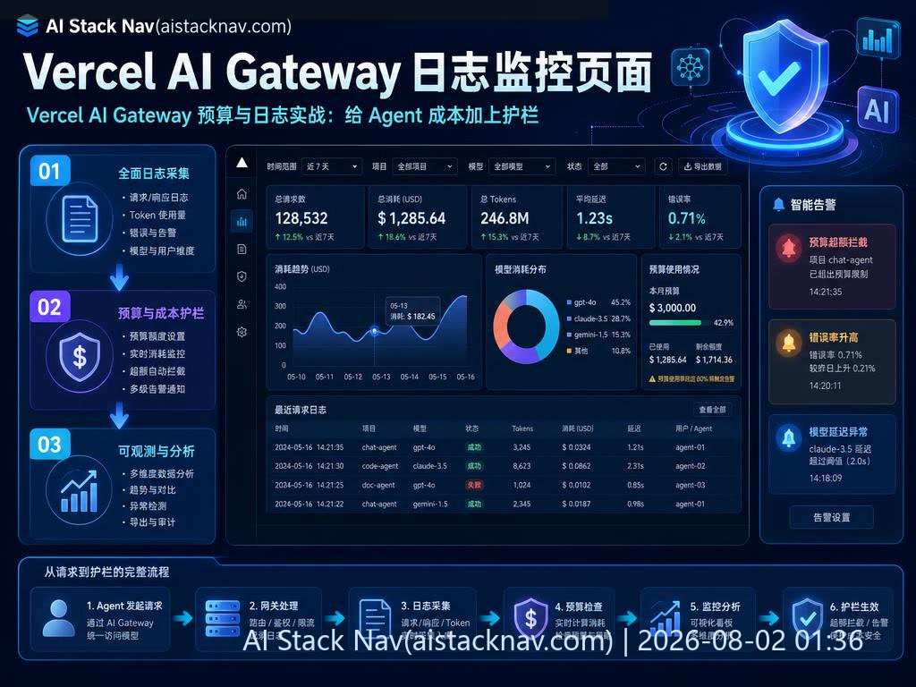 Vercel AI Gateway 预算与日志实战：给 Agent 成本加上护栏 科技感课程封面海报配图 2