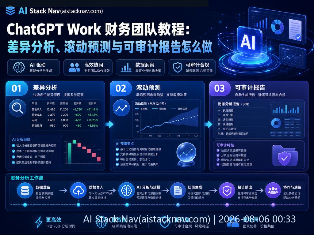 ChatGPT Work财务团队教程封面，科技感深蓝背景，AI图标与流程元素