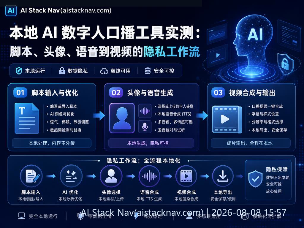 本地 AI 数字人口播工具实测封面图，科技感蓝色背景，AI数字人头像与流程元素
