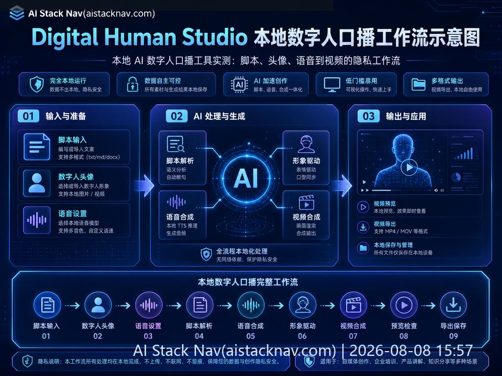 Digital Human Studio 本地数字人口播工作流示意图