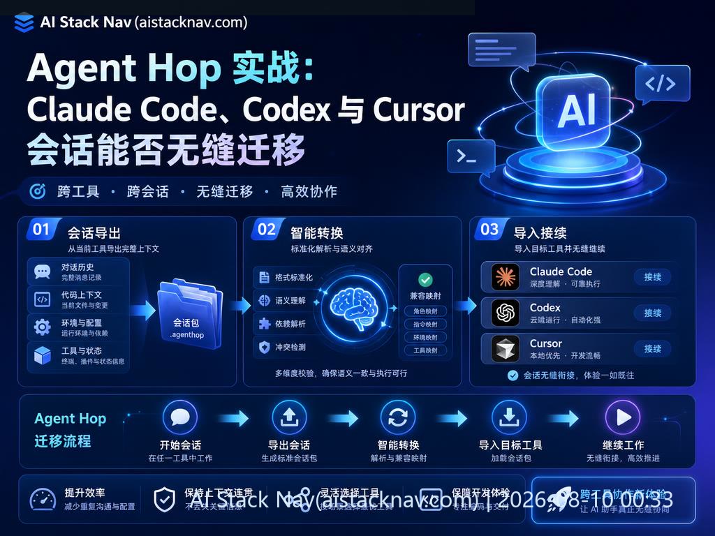Agent Hop 跨 AI 编程 Agent 会话迁移示意图