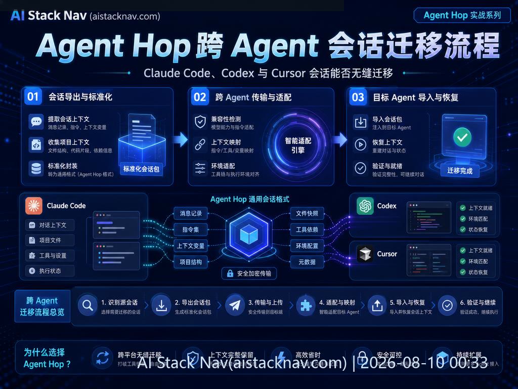 Agent Hop 实战：Claude Code、Codex 与 Cursor 会话能否无缝迁移 科技感课程封面海报配图 1