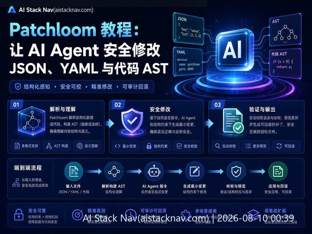 Patchloom 教程封面，展示 AI Agent 安全修改 JSON、YAML 与代码 AST 的科技感海报