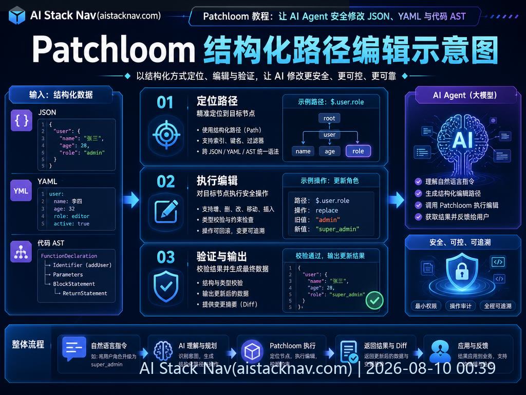 Patchloom 教程：让 AI Agent 安全修改 JSON、YAML 与代码 AST 科技感课程封面海报配图 1
