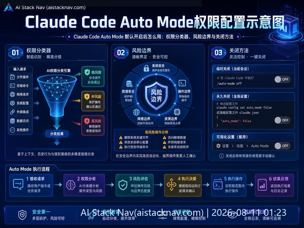 Claude Code Auto Mode 默认开启后怎么用：权限分类器、风险边界与关闭方法 科技感课程封面海报配图 1