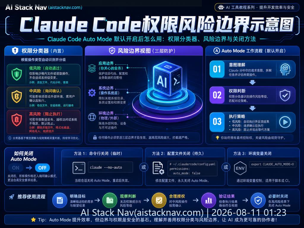 Claude Code Auto Mode 默认开启后怎么用：权限分类器、风险边界与关闭方法 科技感课程封面海报配图 2