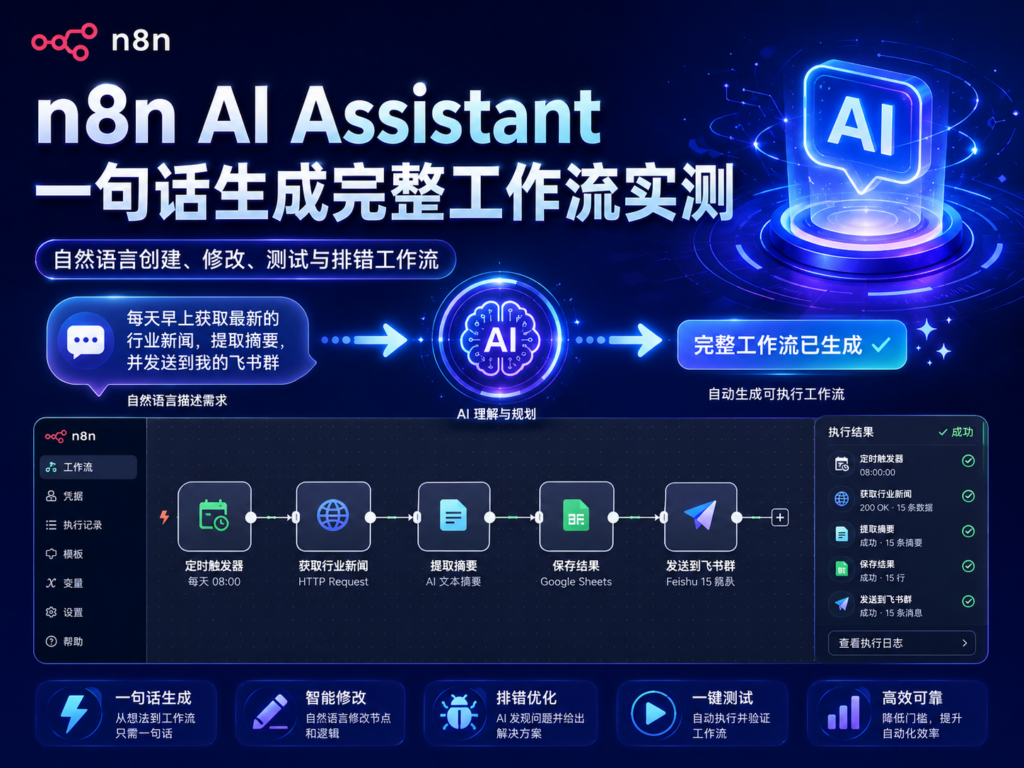 n8n AI Assistant 一句话生成完整工作流实测教程封面