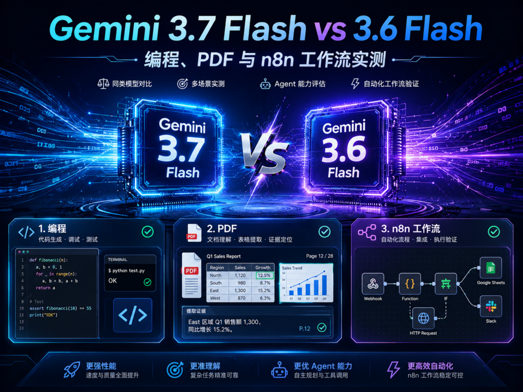 Gemini 3.7 Flash与3.6 Flash实测对比封面，展示编程、PDF分析与n8n自动化工作流