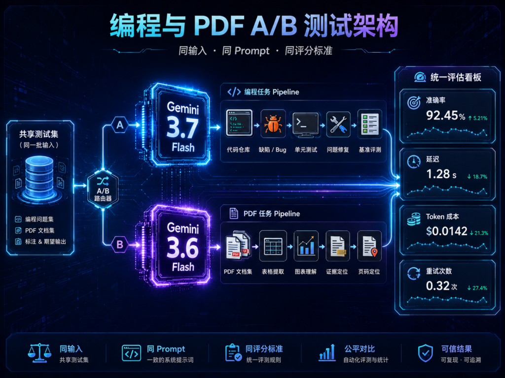 Gemini 3.7 Flash与3.6 Flash编程和PDF A/B测试架构图，展示相同输入、模型分流、代码测试、PDF分析和统一评分流程