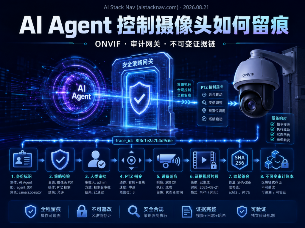 AI Agent 控制摄像头审计留痕教程封面，展示 Agent、策略网关、PTZ 摄像头、录像证据与不可变日志链