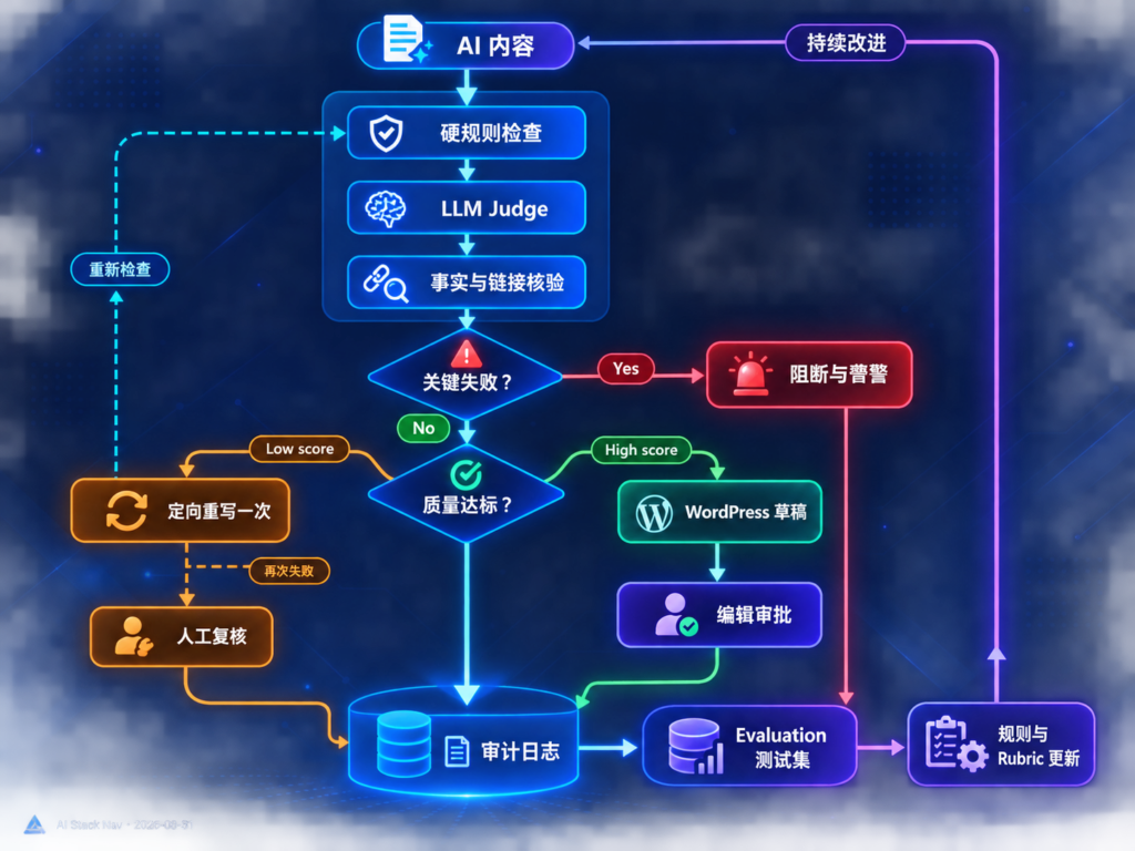 AI生成内容自动质检质量闸门工作流,展示规则检查、LLM Judge、来源核验、自动重写、人工审批、WordPress草稿与审计回归