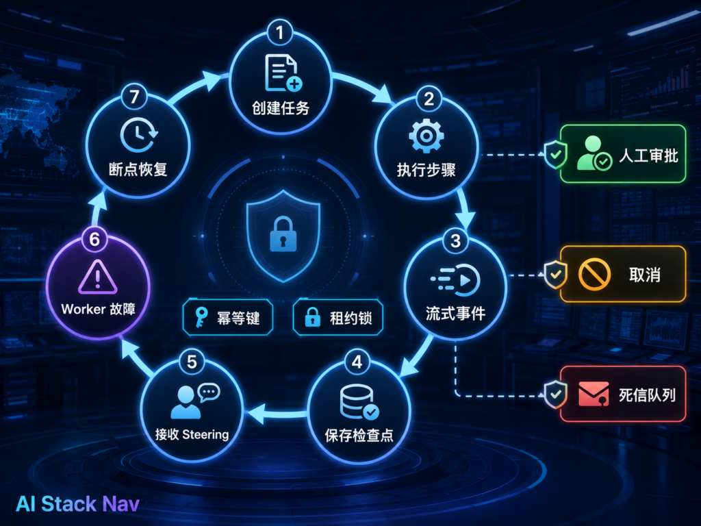 Agent 长任务执行、Steering、Worker 故障与断点恢复闭环图