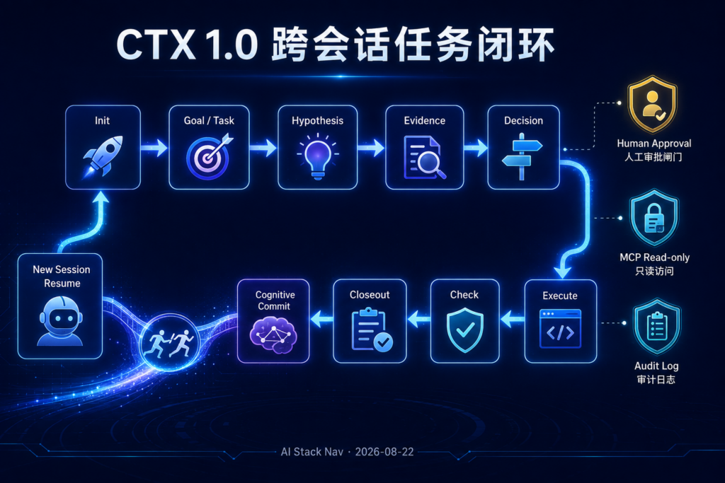 CTX 1.0 跨会话实战工作流图，展示初始化、建立假设、收集证据、形成决策、执行修复、验证、closeout、认知提交和新 Agent 恢复