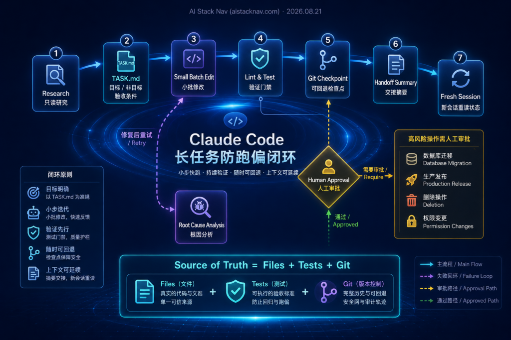 Claude Code 防跑偏工作流图，展示研究、任务状态、分批实现、自动测试、Git 检查点和新会话交接闭环