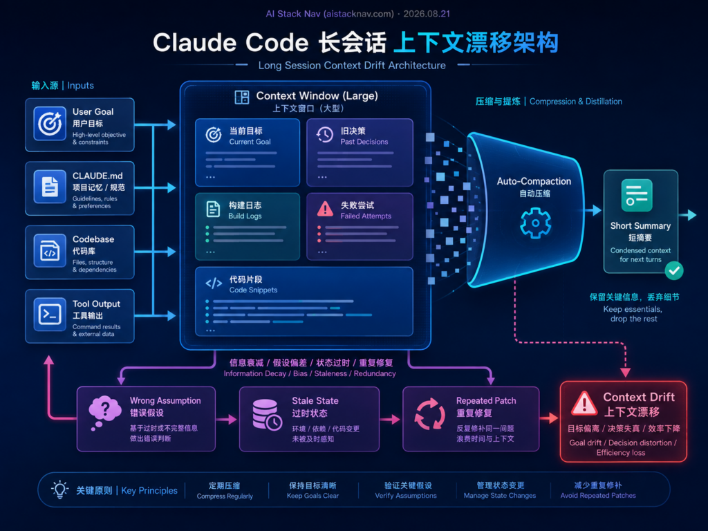 Claude Code 长会话上下文架构图，展示用户目标、项目指令、代码文件、工具输出、自动压缩与偏差累积关系
