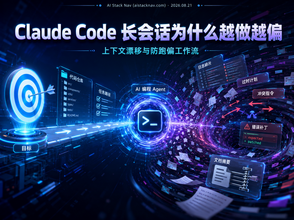 Claude Code 长会话上下文漂移教程封面，展示代码 Agent 被膨胀的日志、旧指令和压缩摘要拉离原始目标