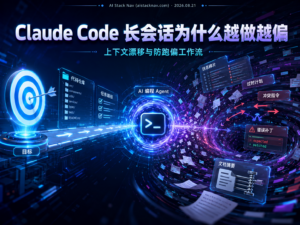 Claude Code 长会话上下文漂移教程封面，展示代码 Agent 被膨胀的日志、旧指令和压缩摘要拉离原始目标