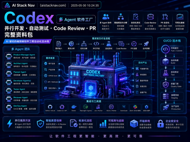 Codex 多 Agent 软件工厂架构，展示 Supervisor、并行开发 Agent、Git Worktree、自动测试、Code Review 和 GitHub PR