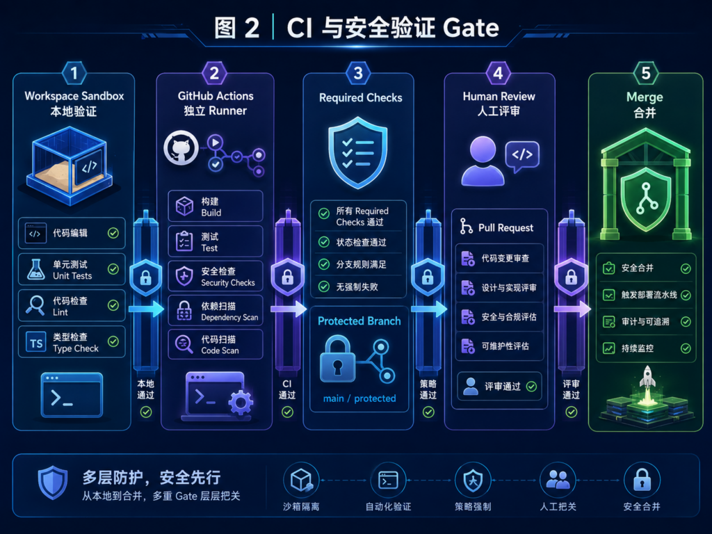 Coding Agent CI 安全验证架构图，展示本地测试、Lint、Typecheck、Sandbox、GitHub Actions Required Checks、人工Review和合并Gate