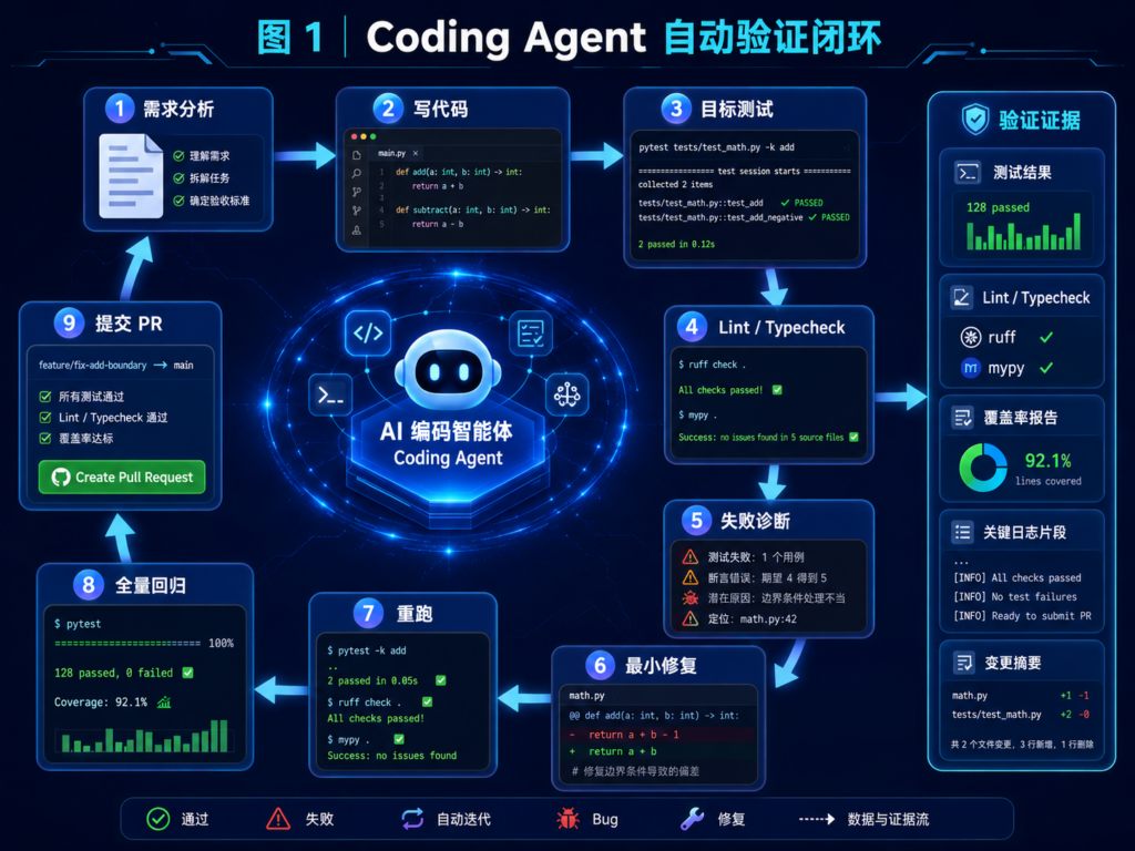 Coding Agent 自动验证闭环图，展示需求分析、写代码、运行单元测试、Lint和类型检查、解析失败、最小修复、回归测试与提交PR