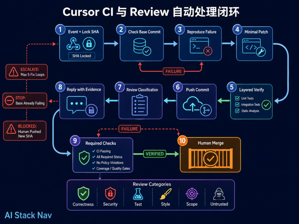 Cursor PR 自动修复闭环工作流图，展示 CI 失败归因、最小复现、代码修复、分层验证、审查意见处理和人工合并