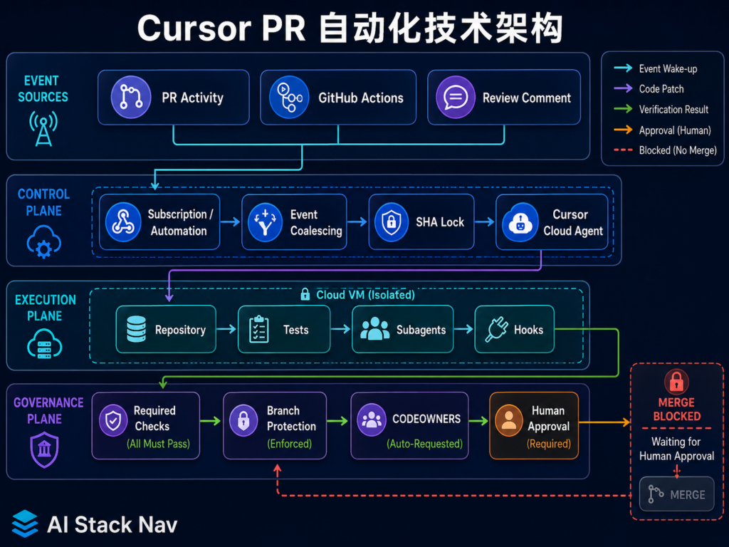 Cursor 自动监控 PR 与修复 CI 技术架构图，展示 GitHub 事件、Subscriptions、Cloud Agent、测试环境、Hooks 与人工审批