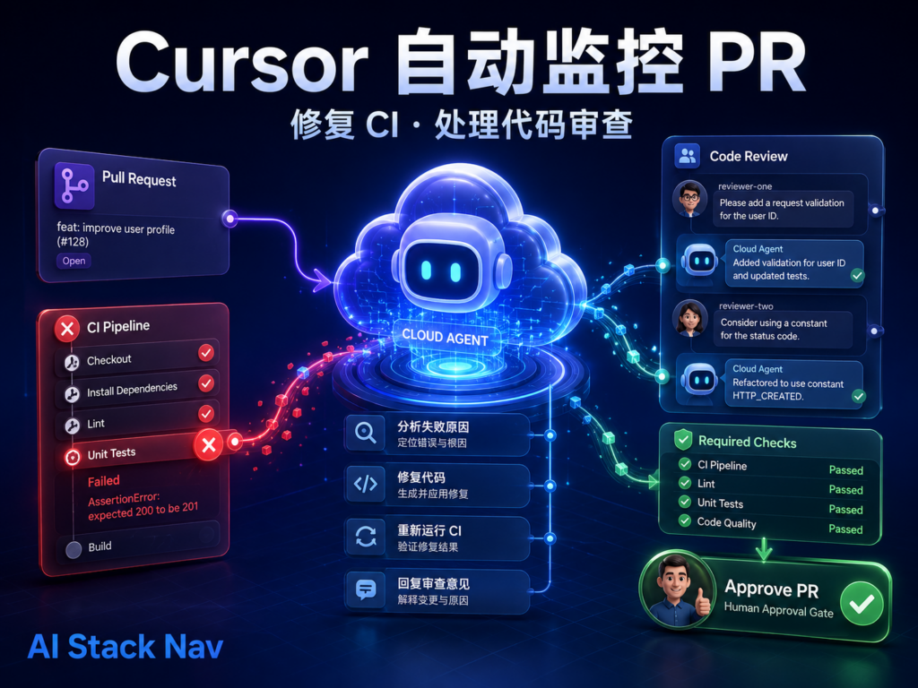 Cursor 自动监控 PR、修复 GitHub Actions CI 并处理代码审查意见的教程封面
