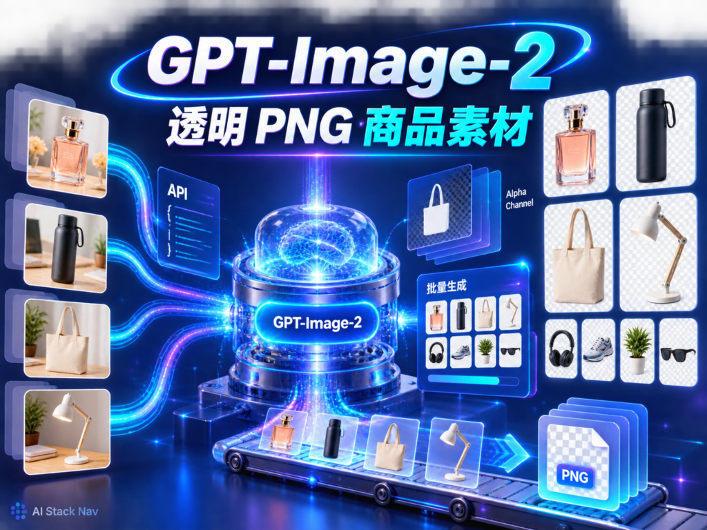 GPT-Image-2批量生成透明PNG商品素材教程封面，展示商品切图、Alpha透明通道与自动化生产线