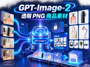 GPT-Image-2批量生成透明PNG商品素材教程封面,展示商品切图、Alpha透明通道与自动化生产线