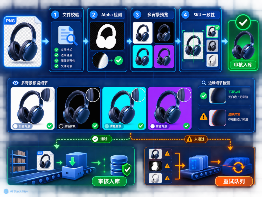 GPT-Image-2批量生成透明PNG商品素材技术架构图，展示CSV任务表、Images API、Alpha通道质检与素材库流程