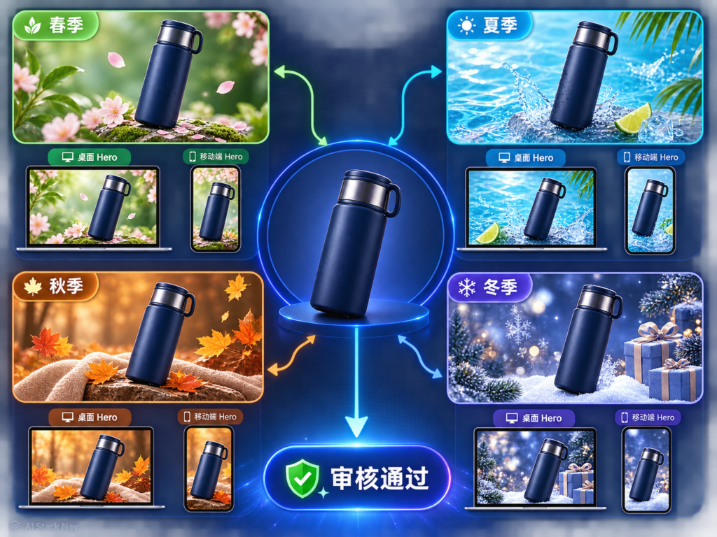 GPT-Image-2与Codex四季商品活动页自动化教程封面，展示同一商品适配春夏秋冬四套视觉