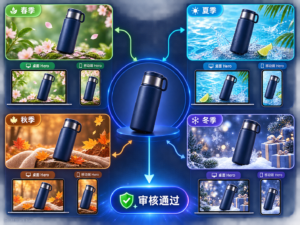 GPT-Image-2与Codex四季商品活动页自动化教程封面，展示同一商品适配春夏秋冬四套视觉