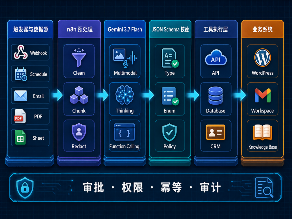 Gemini 3.7 Flash 与 n8n 企业批量 Agent 技术架构，展示触发器、预处理、模型、结构化验证、工具层和业务系统