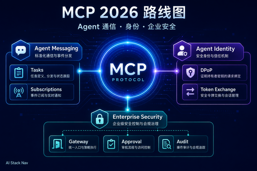 MCP 2026 路线图完整解读封面，展示 Agent 通信、身份委托和企业安全三大主线