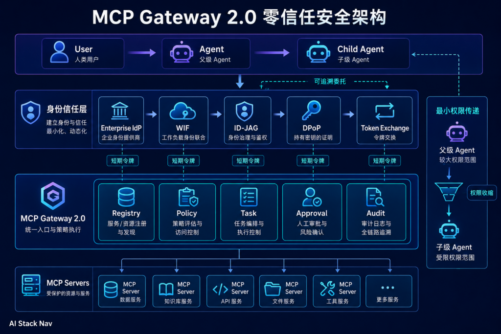 企业 MCP Gateway 2.0 安全架构图,展示 Agent 身份、Token Exchange、策略引擎、Tasks、审批与审计闭环