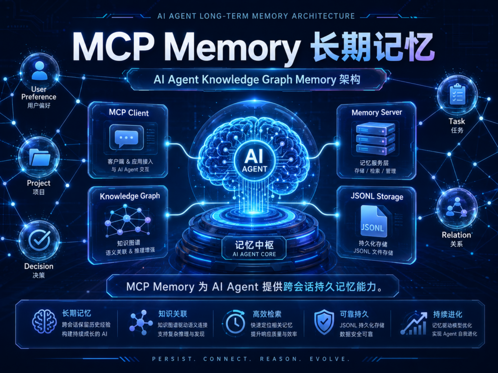 MCP Memory长期记忆教程封面，展示AI Agent通过MCP连接知识图谱Memory Server