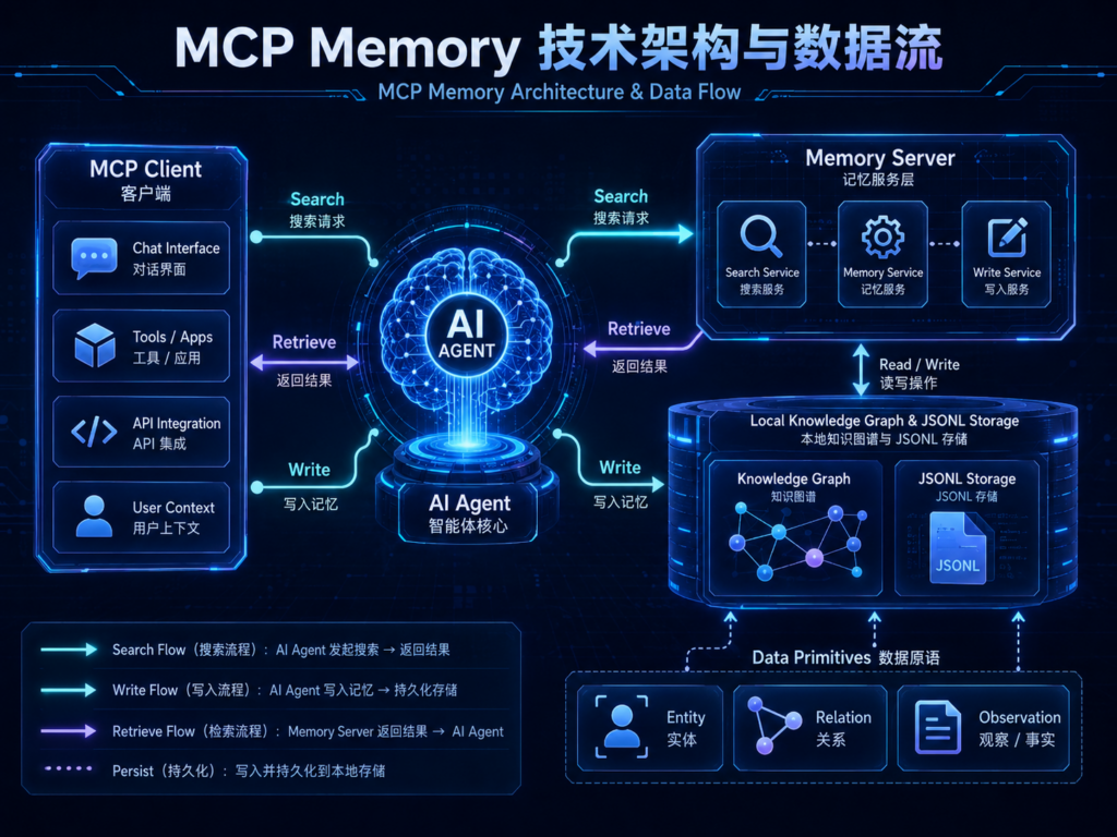 MCP Memory长期记忆架构图，展示AI Agent、MCP Client、Memory Server和JSONL知识图谱之间的数据流 