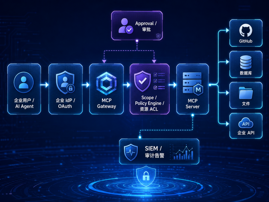 MCP Server 企业安全架构图，展示企业IdP、MCP Gateway、OAuth、Scope、Policy Engine、Tool Server、审批与SIEM审计