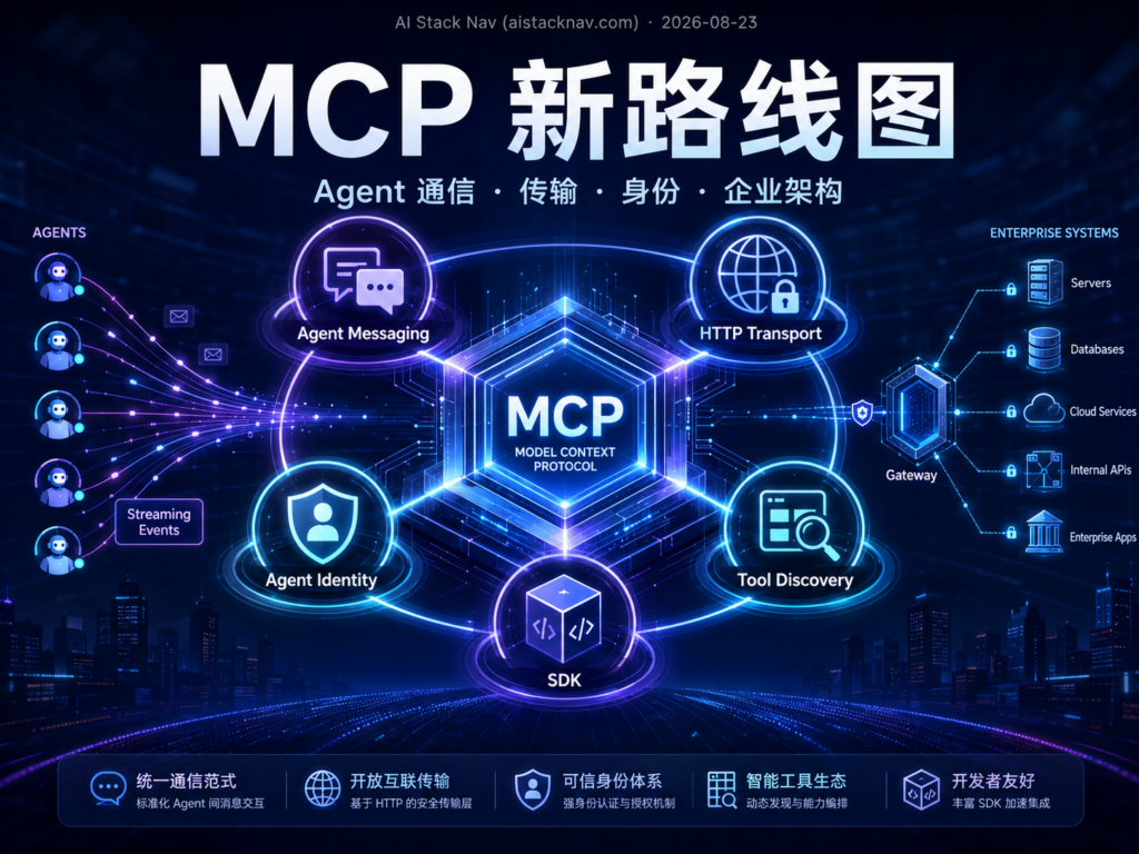 MCP 新路线图解读封面，展示 Agent 通信、HTTP 传输、身份安全、工具发现和 SDK 五大演进方向