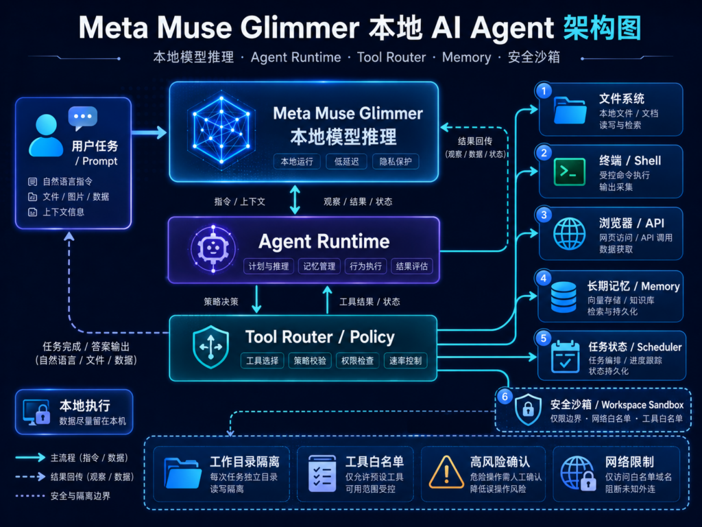 Meta Muse Glimmer 本地 AI Agent 架构图，展示本地模型推理、Agent Runtime、文件系统、终端、浏览器API、长期记忆和安全沙箱