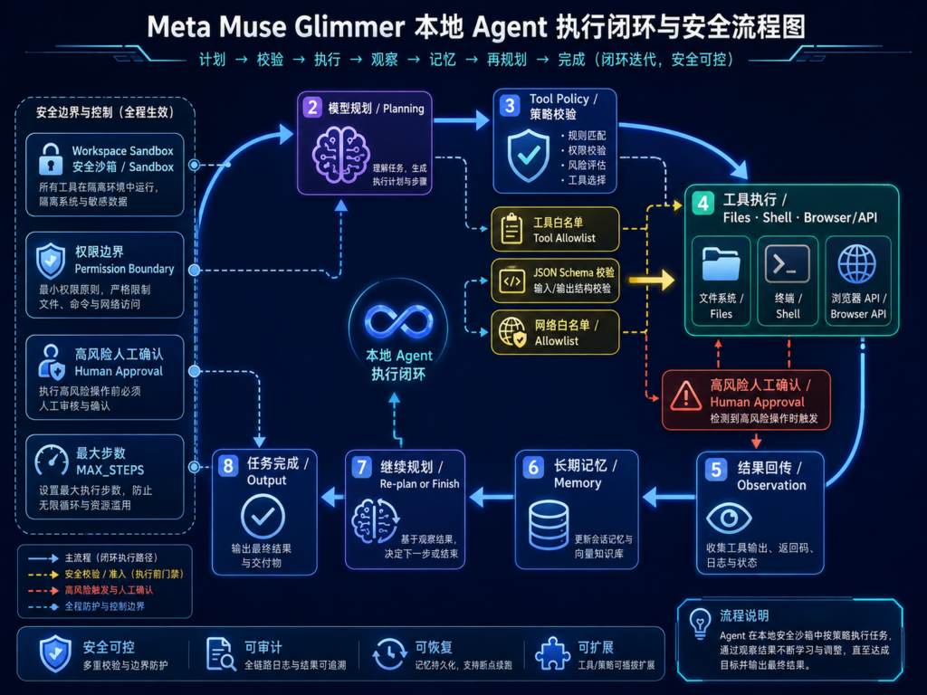 Meta Muse Glimmer 本地 Agent 执行闭环与安全流程图，展示用户任务、模型规划、Tool Policy、文件终端API、Memory、Sandbox与人工确认