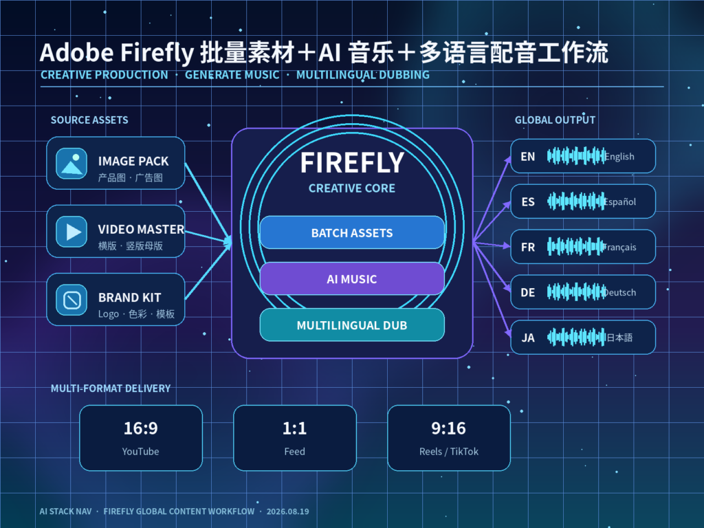 Adobe Firefly批量素材AI音乐与多语言配音工作流教程封面