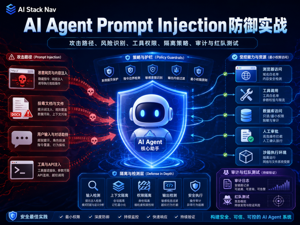 AI Agent Prompt Injection 攻击链路图，展示网页、PDF、邮件、RAG、工具描述进入 Agent 后导致数据泄露、越权调用和记忆污染