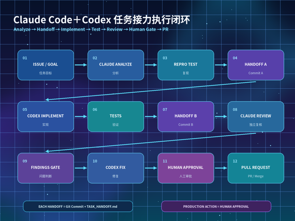  Claude Code分析规划、Codex实现测试、Claude Code独立复核、Codex收尾提交PR的跨平台任务接力流程图
