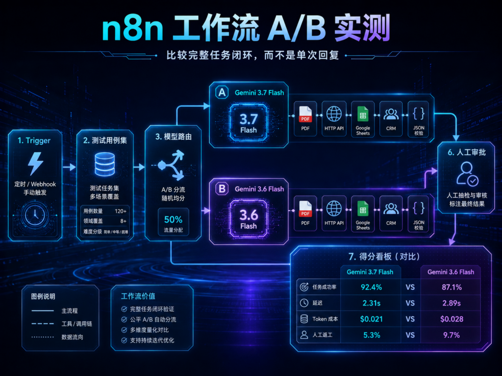 Gemini 3.7 Flash与3.6 Flash在n8n工作流中的A/B实测流程图，展示触发器、模型分流、工具调用、PDF处理、结果校验和人工审批