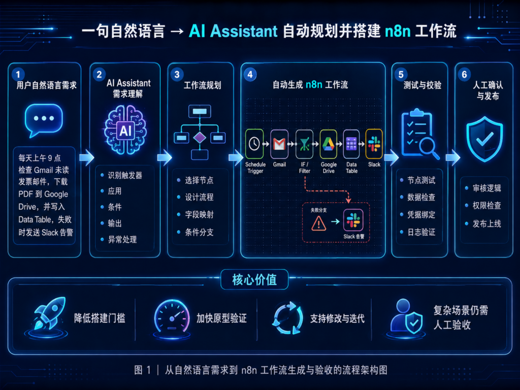 n8n AI Assistant 将自然语言需求转换为节点计划并生成完整工作流的流程示意图