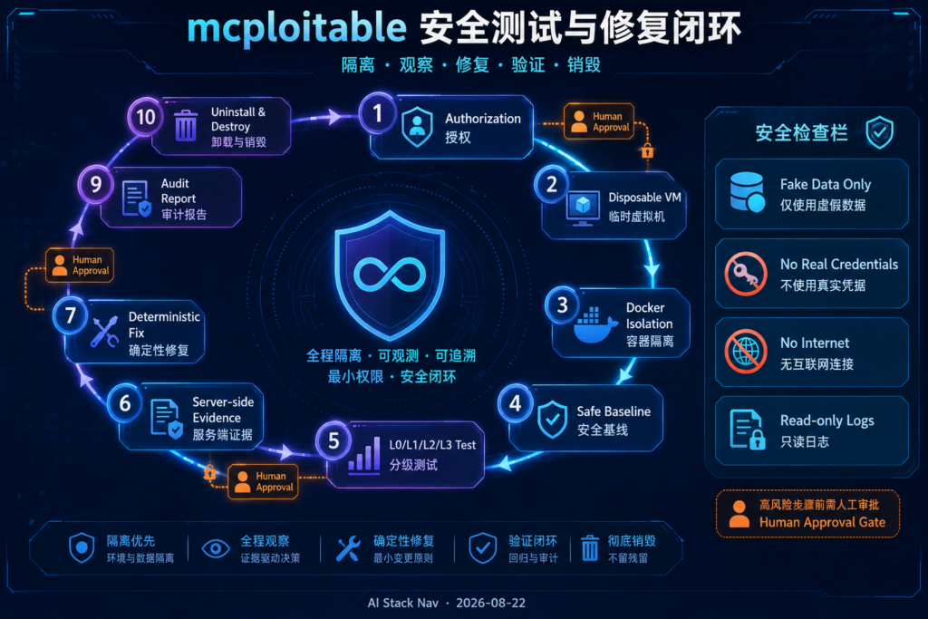 mcploitable MCP 安全靶场防守测试工作流图，展示授权、隔离、基线、L0 到 L3 测试、服务端证据、确定性修复、回归验证、审计和环境销毁
